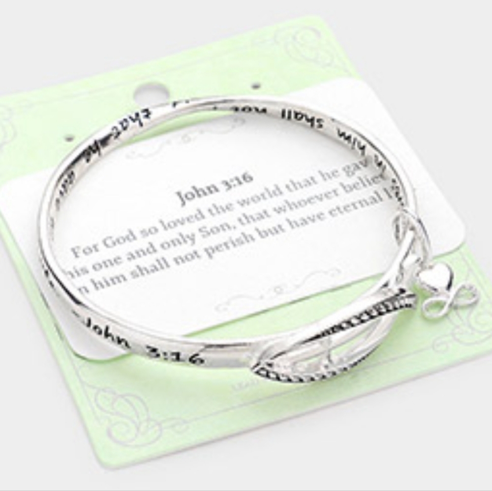 John 3:16 Inspirational Silver Tone Bangle Bracelet with Black Accents NWT - Picture 2 of 7